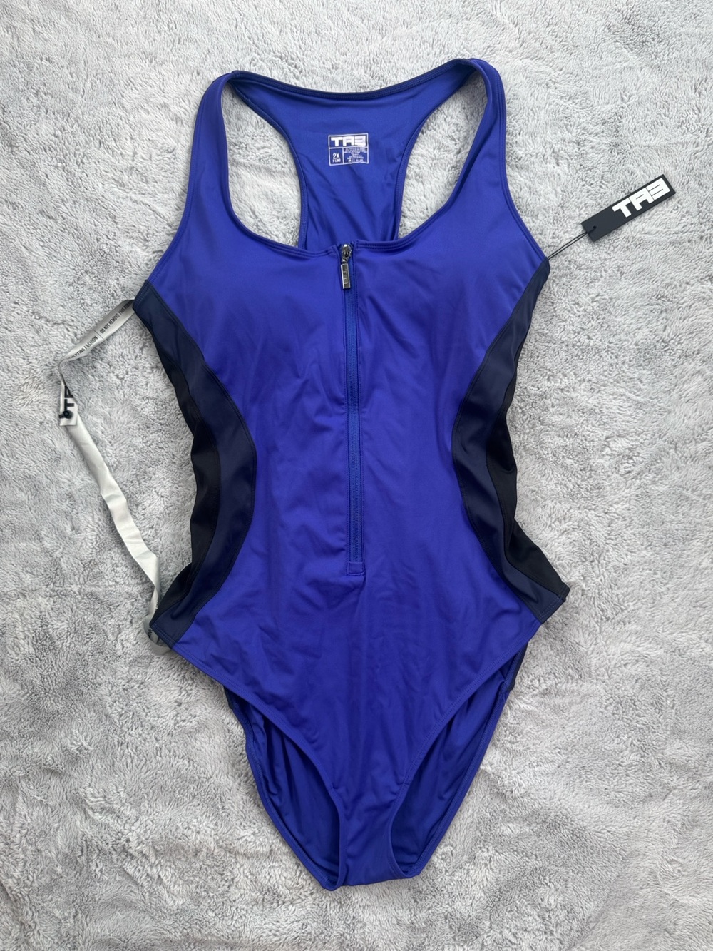 TA3 Scoopy Seamed Zip Snatched Waist Lace Up Back Swimsuit Navy Black 2X XLong